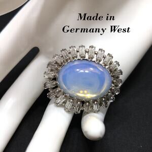 West Germany Faux Moonstone Brooch, Clear Baguettes, 1950s Vintage Jewelry